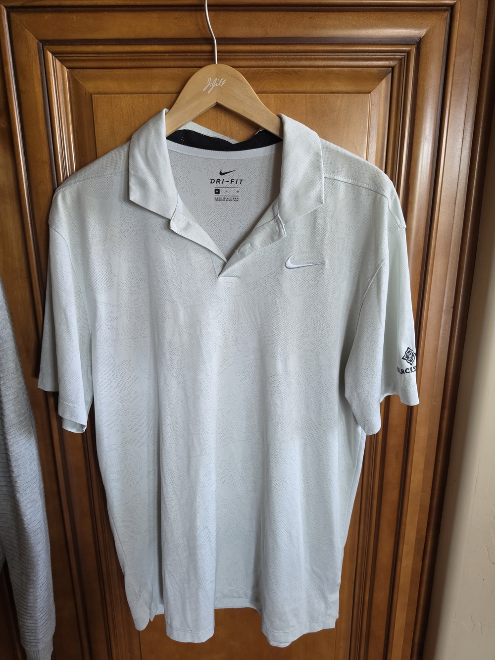 Nike Dri-FIT Men's Light Gray White Polo Shirt Blackstone Logo M EUC
